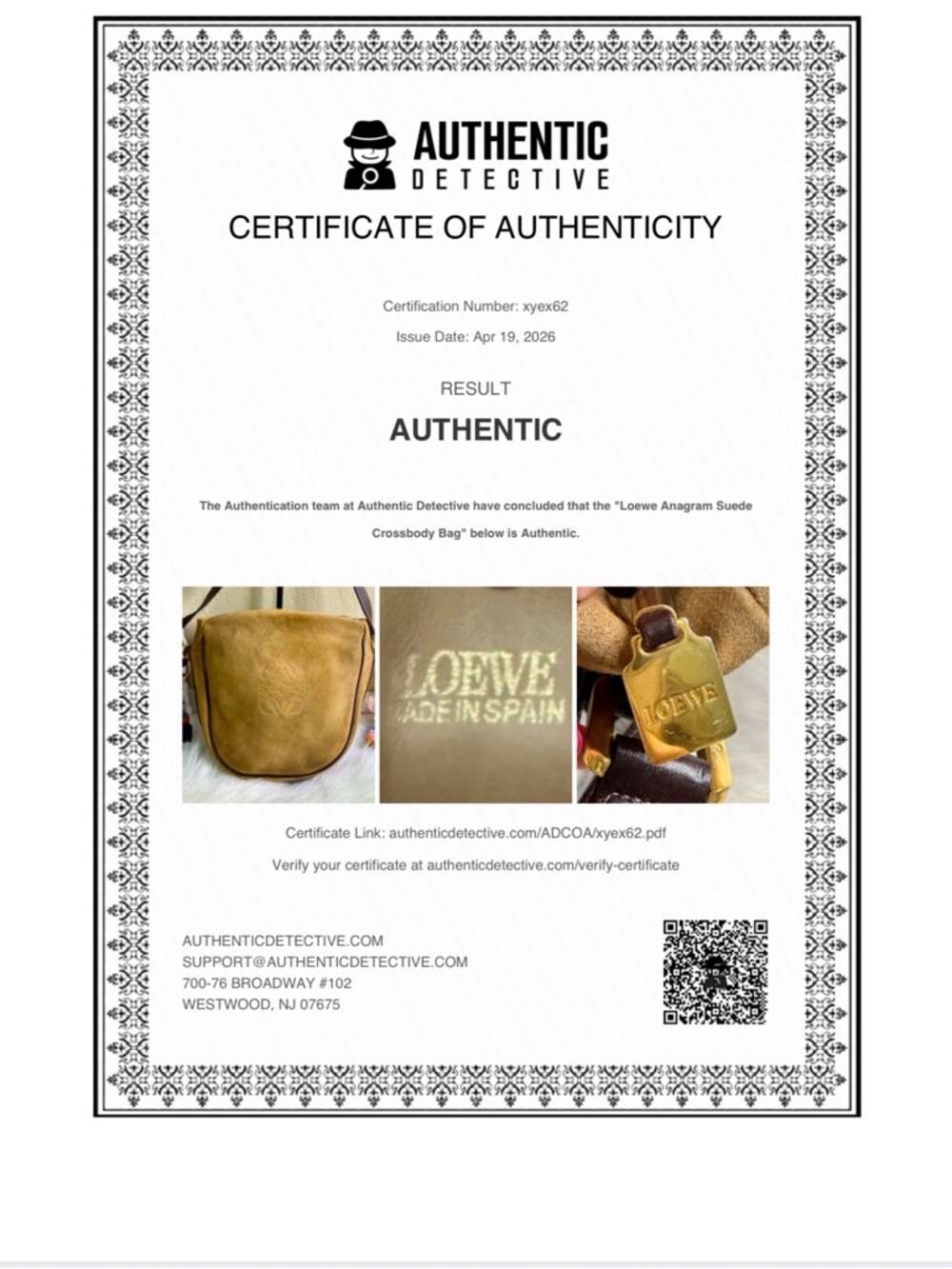 COA of Loewe Anagram Suede Crossbody Tan
